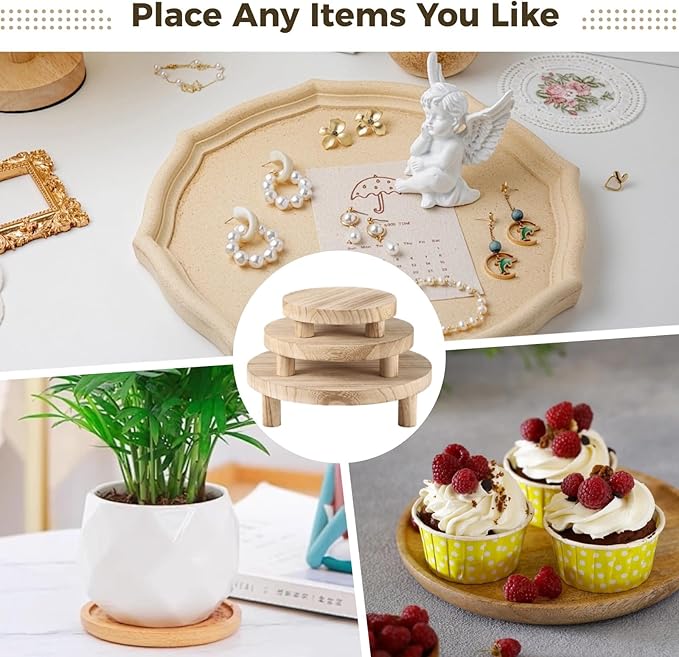 3 Pcs Wood Plant Stands, Wooden Pedestal Stands, Round Wood Display Risers, Modern Decorative Planter Holders, Flower Pot Display Trays, 6", 8", 10", Ideal for Home Decor