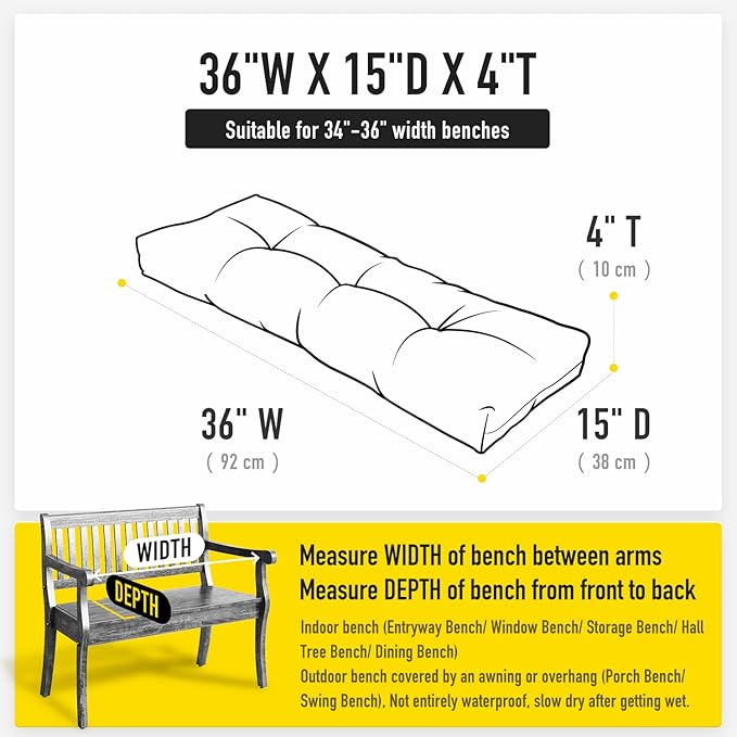SUNROX LokGrip Non Slip Tufted Memory Foam Bench Cushion, FadeShield Water Resistant Durable Thicken Outdoor/Indoor Bench Seat Pads 36x14x4 inch, Midnight