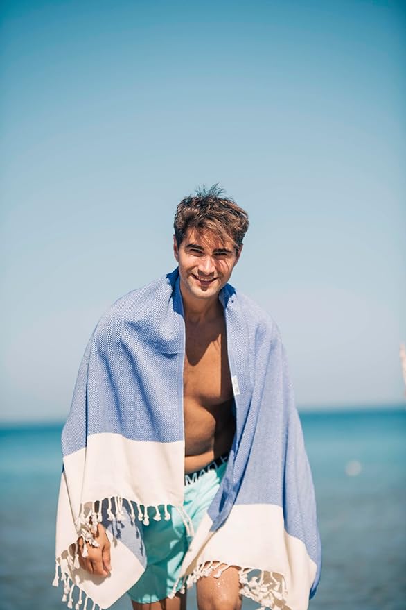 Bazaar Anatolia Turkish Beach Towel 100% Cotton Bath Towels 71x39 Quick Dry Sand Free Lightweight Large Oversized Herringbone Dark Blue