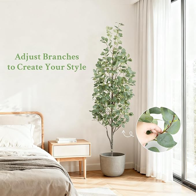 6FT Artificial Eucalyptus Tree with Wicker Basket & Black Pot, Indoor Green Faux Eucalyptus Trees, Fake Eucalyptus Plants with Lifelike Leaves & Natural Trunk for Home Office Bedroom, 2 Pack