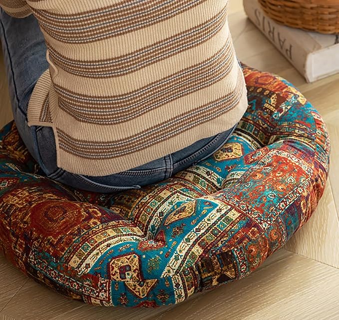 Square Bohemian Floor Pillow, Meditation Floor Seat Cushion, Large Soft Cotton Linen Pillows for Yoga Living Room Balcony Outdoor Tatami, 22x22 Inches (Blueflower Square)