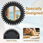 24 Inch Black Boho Wall Decor Sunburst Mirror - Round Wooden Wall Decor, Handmade Rustic Circular Mirror for Living Room, Bedroom, Entryway, Office