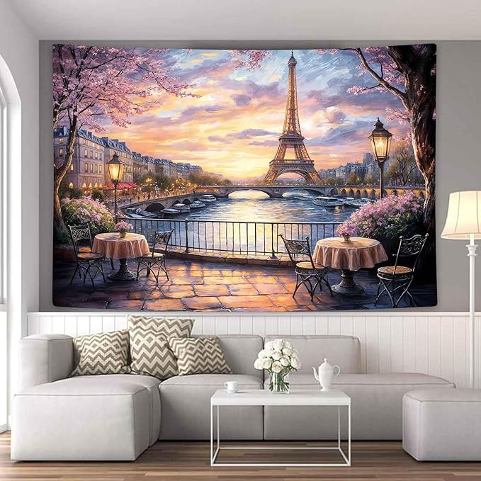 MCKTOM Eiffel Tower Tapestry French Landscape Paris Decor for Bedroom Living Room Dorm 80" X 60" Romantic City Scenery Wall Art Hanging Tapestries Party Decorations