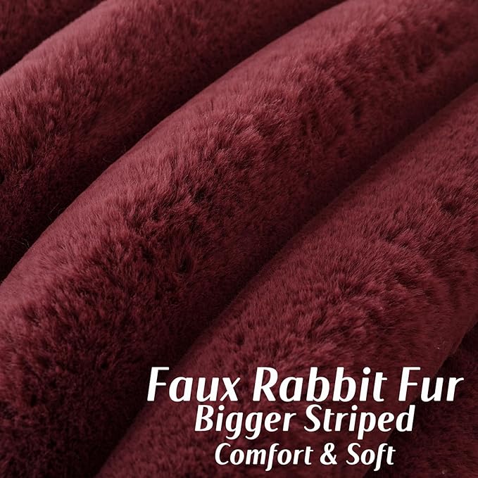 FUTEI Burgundy Decorative Throw Pillow Covers 12x20 Inch Set of 2, Square Soft Faux Rabbit Fur Thick Striped Lumbar Pillow Case,Spring Home Decor for Couch Bed Living Room
