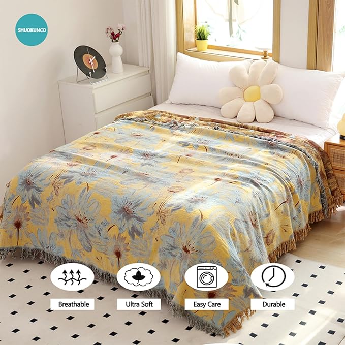 Boho Cotton Throw Blankets for Bed Couch, 100% Soft Cozy Cotton Blanket Rustic Quilt 80"x90",Reversible Muslin Farmhouse Blankets for Armchair,Picnic,Sofa,Couch