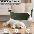 65L Large Blanket Basket,19.7" L x 19.7" W x 13" H Rope Woven Baskets with Handles, Toys Storage Bins,Laundry Basket Perfect for Living Room, Nursery,Bedroom,Home Organization,Green&White