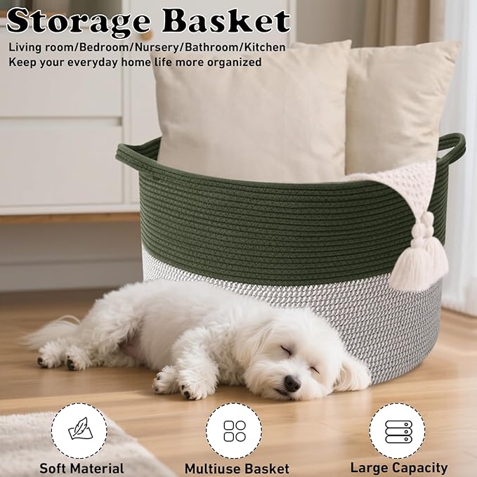 90L Large Blanket Basket,21.7"L x 21.7"W x 13.8"H Rope Woven Baskets with Handles, Toys Storage Bins,Laundry Basket Perfect for Living Room, Nursery,Bedroom,Home Organization,Green&White