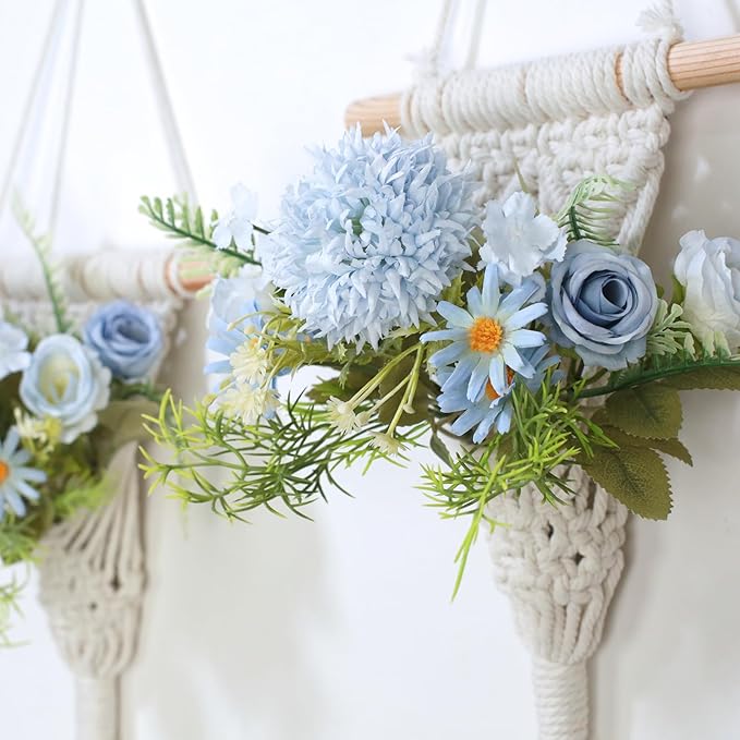 Macrame Wall Hanging with Artificial Flowers, Wall Decorative Art, Handwoven Cotton RopeTapestry, Woven Tassels Boho Home Decoration,8x23 Inches, Set of 2 (Blue Fake Flower)