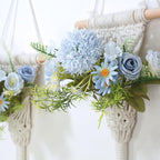 Macrame Wall Hanging with Artificial Flowers, Wall Decorative Art, Handwoven Cotton RopeTapestry, Woven Tassels Boho Home Decoration,8x23 Inches, Set of 2 (Blue Fake Flower)