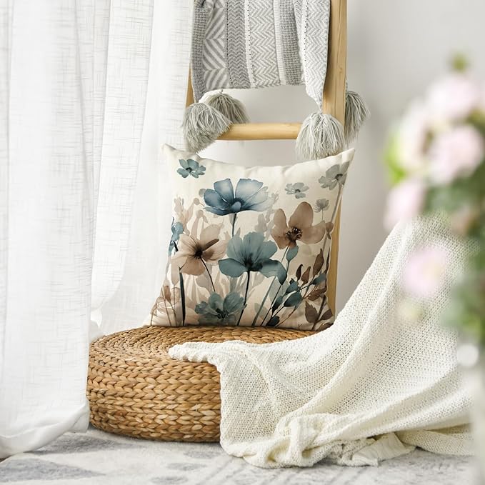 AVOIN colorlife Poppy Flowers Chinoiserie Spring Throw Pillow Cover, 18 x 18 Inch Blue Brown Seasonal Leaves Cushion Case Decoration for Sofa Couch Farmhouse