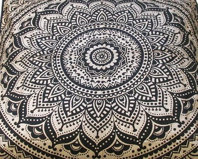 ICC Large Square Floor Pillow Cover Hippie Ottoman Pouf Cover Daybed Cotton Mandala Cushion Cover with Heavy Duty Zipper Seating Ottoman Poufs Dog-Pets Bed (Black Gold Ombre, 35" Square)