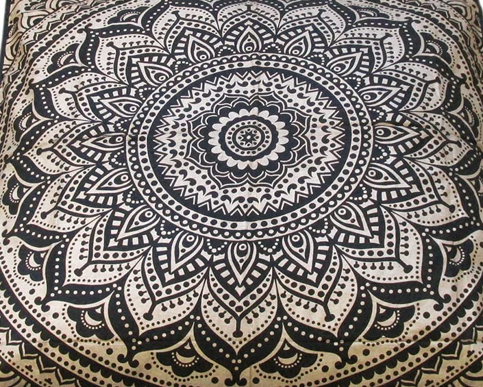 CRAFT KALA Mandala Floor Pillow Cushion Cover Seating Throw Cover Hippie Decorative Bohemian Ottoman Poufs Pom Pillow Cases Boho Indian Cotton Living Room Yoga Home Décor 24" Square, Black Gold Ombre - color: Black Gold Ombre, size: 24" x 24" (Pack of 1)
