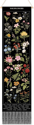 Geetery Vintage Floral Vertical Tapestry Wall Hanging Decor Long Flower Narrow Botanical Fabric Wall Art Hanging Reference Illustrative Tassel Tapestry for Bedroom Living Room Home Decor Gift(Black)