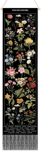 Geetery Vintage Floral Vertical Tapestry Wall Hanging Decor Long Flower Narrow Botanical Fabric Wall Art Hanging Reference Illustrative Tassel Tapestry for Bedroom Living Room Home Decor Gift(Black)