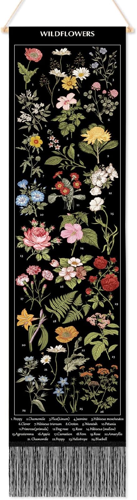 Geetery Vintage Floral Vertical Tapestry Wall Hanging Decor Long Flower Narrow Botanical Fabric Wall Art Hanging Reference Illustrative Tassel Tapestry for Bedroom Living Room Home Decor Gift(Black)