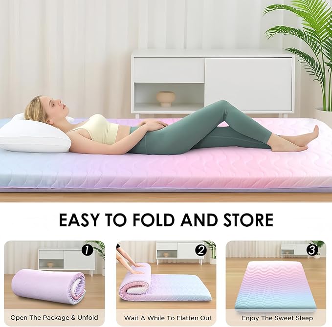 Japanese Floor Futon Mattress, 3.5" Thicken Colorful Rainbow Portable Floor Mattress, High-Density Foam Tatami Mat Sleeping Pad for Camping Guest Room Dormitory RV, Full