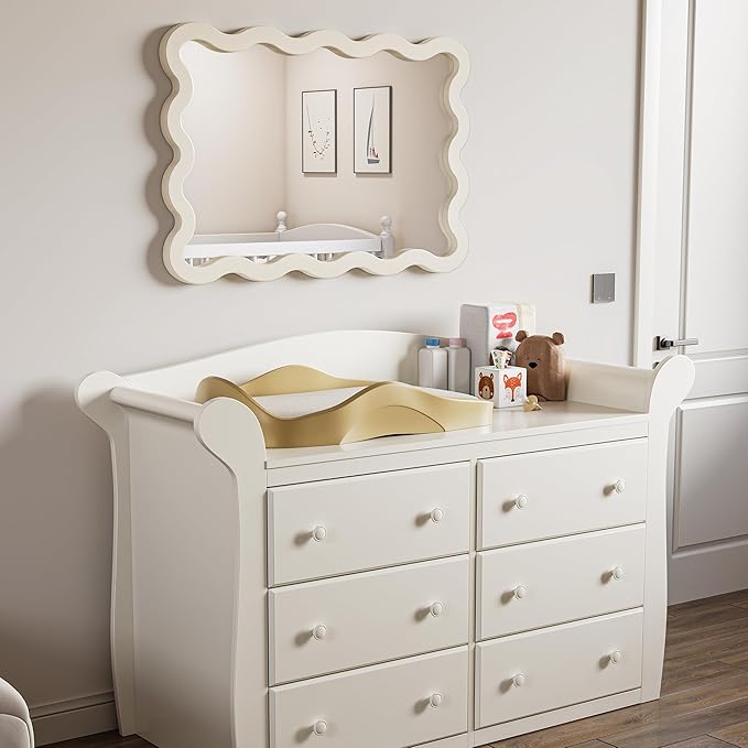 24"x36" White Wavy Wall Mirror for Bedroom Vanity, Large Cream Solid Wood Asymmetrical Mirror, Cute Squiggle Mirror for Room Decor, Aesthetic Funky Curvy Frame