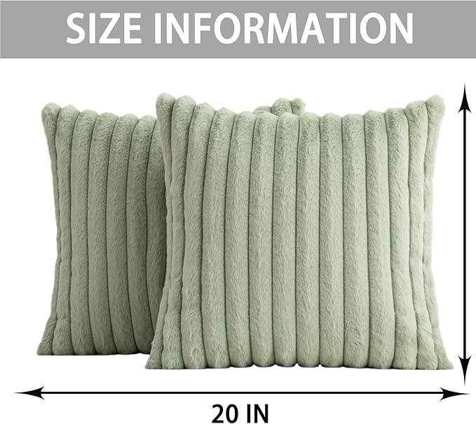 Pack of 2 Faux Fur Christmas Throw Pillow Covers 20x20 Inch, Soft Plush Striped Neutral Couch Pillow Cover, with Velvet Back Modern Home Decor for Sofa Living Room Couch Bed Sage Green