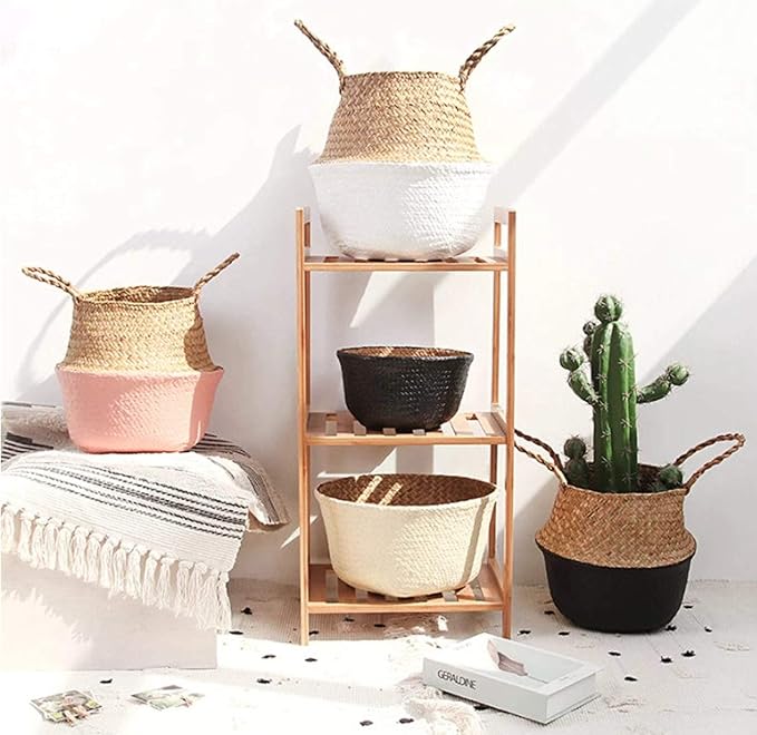 LiloCraft Seagrass Plant Basket (Size: 12x11inches, Pattem:Black Bottom) Home Decor Storage Solution with Eco-Friendly, Woven Basket Planter Indoor with Handles, Round Boho Plant Pot