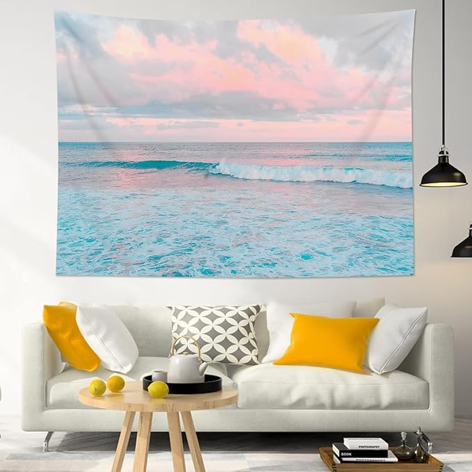 LB Ocean Pink Sky Tapestry, Teal Sea Ocean with Pink Cloud Wall Tapestry for Bedroom, Pastel Nature Landscape Wall Art for Living Room Home Decor, 48 x 36 Inches