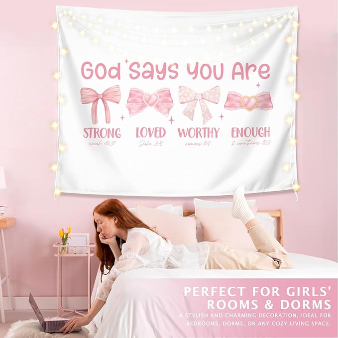 LIANGW Pink Coquette Bow Christian Tapestry, Inspirational Christian Tapestry for Women, Indoor Outdoor Wall Art Tapestries for Bedroom, Girl pink Room Decoration Living Room Bedroom 50x60 inches