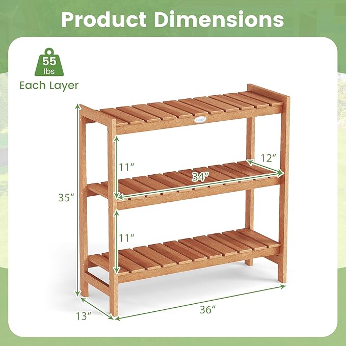 Giantex 3-Tier Plant Stand Indoor, Solid Wood Flower Pot Display Rack w/ Slatted Shelves, Take Oil Finish Bookshelf Shoe Rack, Indoor Outdoor Storage Shelf for Patio Garden Balcony Home Living Room Entryway