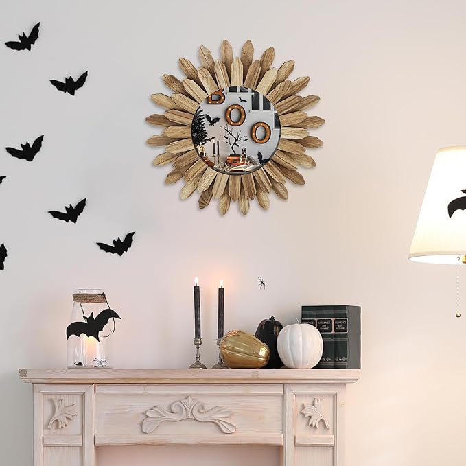 Mirror Wall Decor 12 inch Boho Mirror Home Decor Rustic Round Wood Mirror Wall Mirror Decorative Sunburst Mirror Boho Mirror Home Wall Decor Farmhouse Wall Decor for Bedroom Living Room Entryway
