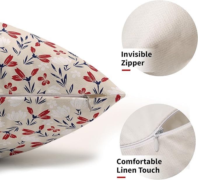 4th of July Floral Pillow Covers 12x20 Set of 2 Rustic Old Style Navy Blue Red White Flower Print Rectangle Decorative Outdoor Pillowcases Patriotic Throw Cushion Case Decor for Couch Sofa Bed