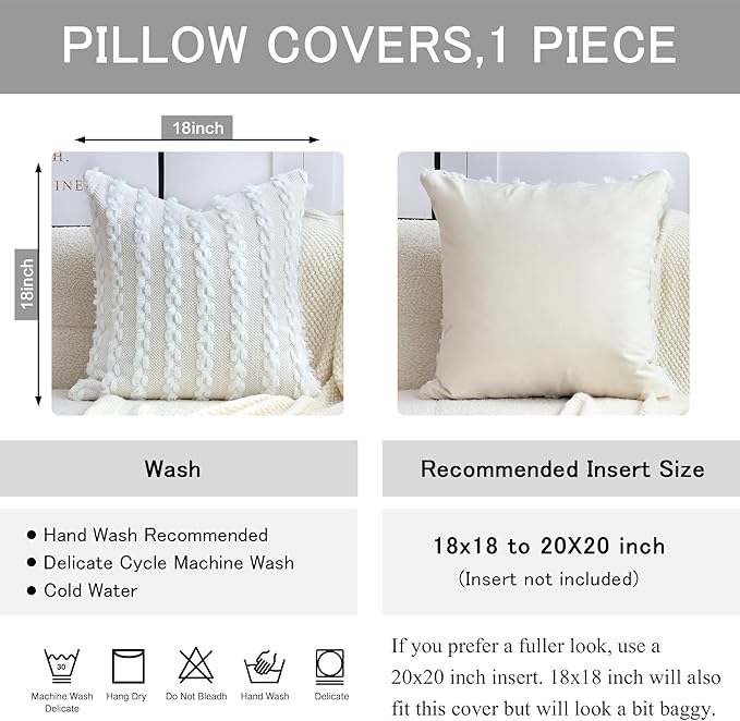 18x18 Boho Pillow Cover - Chenille Tufted Decorative Throw Pillow Cover Soft Velvet Backing, Farmhouse Striped Square Accent Pillow Case for Sofa, Couch, Bedroom, Living Room, White