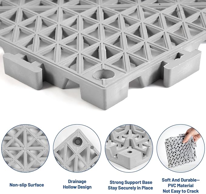 12PCS Drainage Interlocking Floor Tiles 11.8" x 11.8", Modular Interlocking Cushion Soft PVC Floor Non-Slip Splicing Waterproof Mat for Pool, Shower, Patio, Balcony, Bathroom, Kitchen, Yard（Grey）