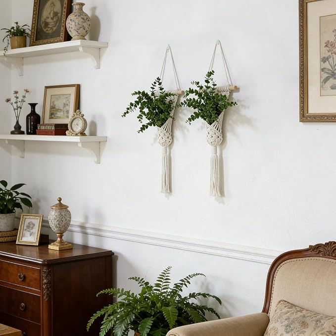 Macrame Wall Hanging Plants with LED Lights, White Cotton Rope, Wooden Dowel, Boho Woven Plant Holders with Artificial Eucalyptus Leaves, Wall Decor, Set of 2 (Green)