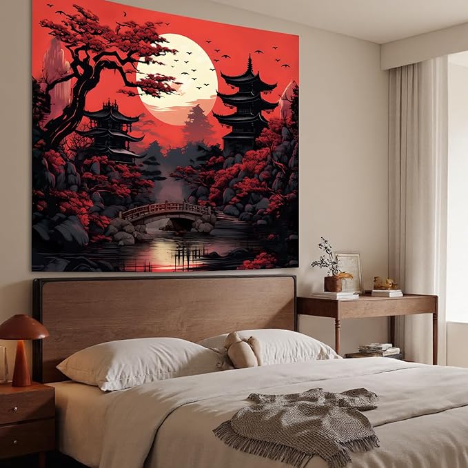 Atrippy Extra Large Anime Wall Tapestry for Bedroom Aesthetic, Black Red Japanese Forest Moon Wall Art Decor Tapestries Wall Hanging, Vintage Dark Nature Mountain Landscape Backdrop for Living Room 71"X90"