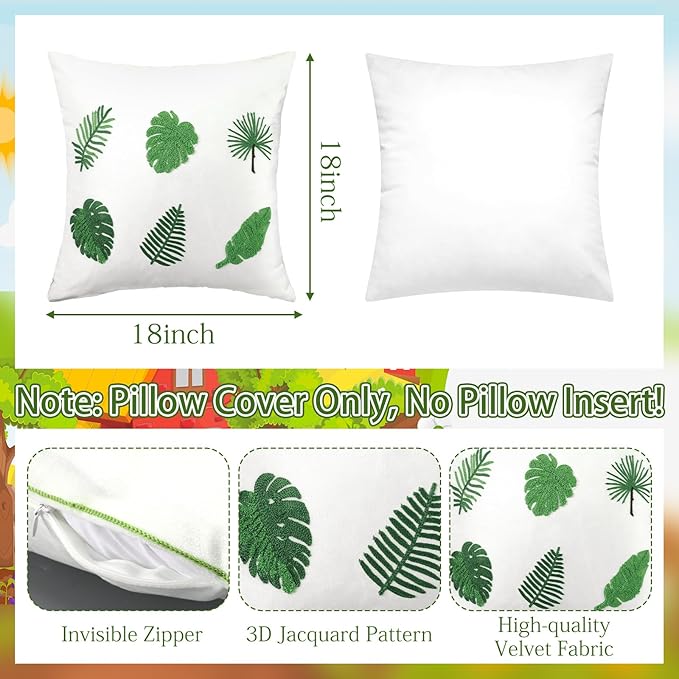 Breling 2 Pack Embroidery Tropical Pillow Covers 18x18 Inch Green Leaves Palm Monstera Leaf Pillows Cover Velvet Tufted Decorative Botanical Plant Cushion Cases for Couch Sofa Bed Summer Holiday Decor
