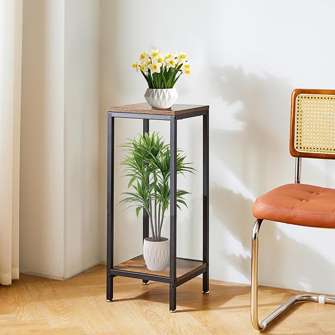 IBUYKE 30 Inch Tall Plant Stand Indoor, 2 Tier Wood Corner Plant Stand, Modern Square Plant Shelf Flower Stand for Living Room Patio Balcony Garden, Rustic Brown TMJ071H