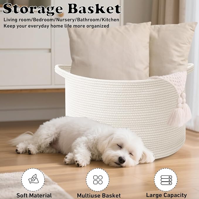 90L Large Blanket Basket,21.7"L x 21.7"W x 13.8"H Rope Woven Baskets with Handles, Toys Storage Bins,Laundry Basket Perfect for Living Room, Nursery,Bedroom,Home Organization,White