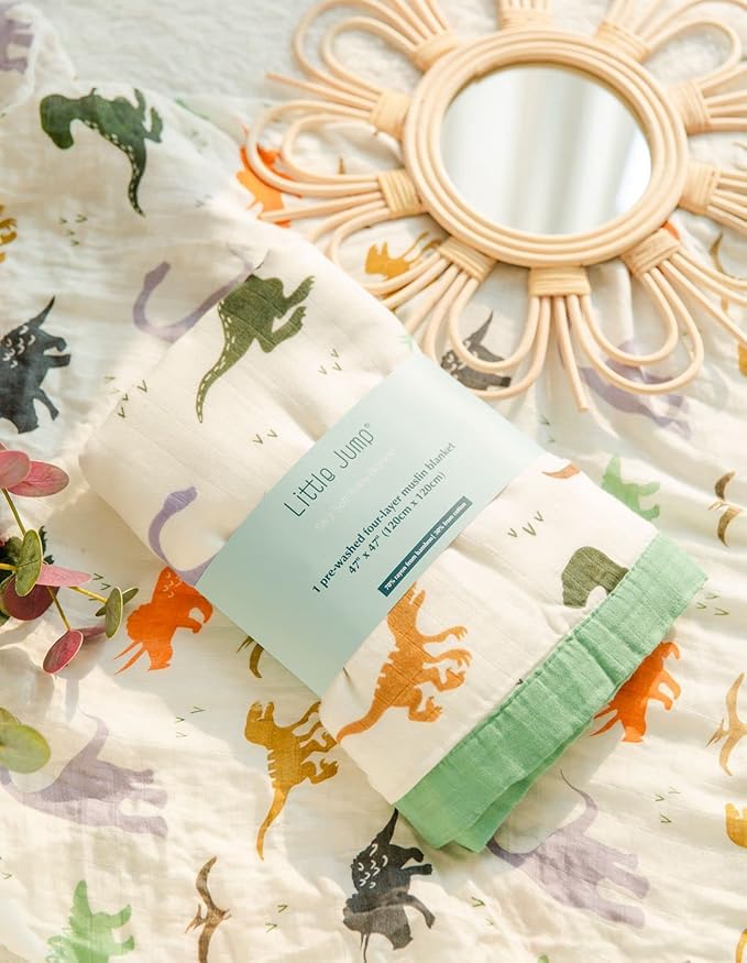 Little Jump Dinosaur Muslin Blanket Baby Quilt - Silky Soft and Breathable Crib Blanket for Daycare - Large 47" x 47" - 2 Layers Toddler Summer Blankets for Boys (Dinosaur)