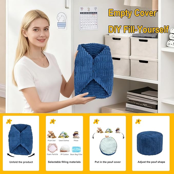 Handmade Unstuffed Ottoman Pouf Cover – Versatile Storage Footstool & Floor Pouf for Living Room, Bedroom, or Wedding Decor | 20" Diameter x 14" Height | Filler Not Included (Navy Blue)
