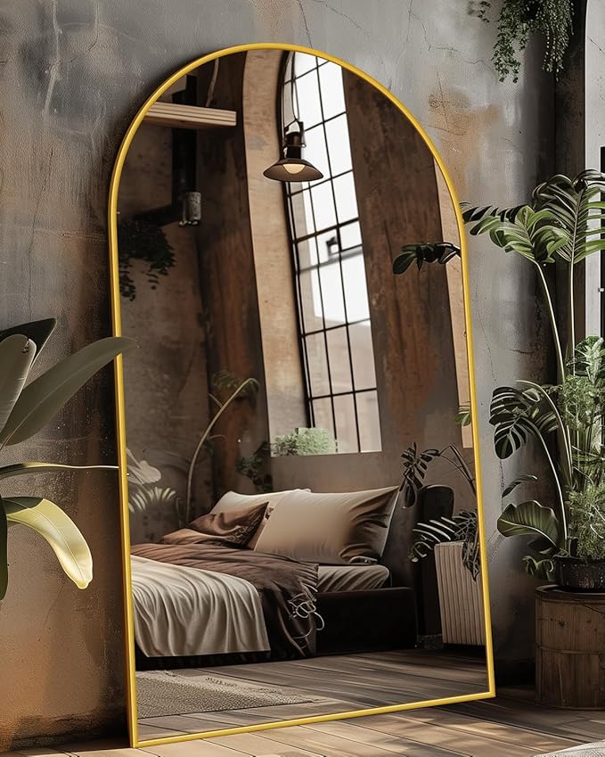 Antok 76" x44” Arched Full Length Floor Mirror, Gold Aluminum Frame, Free Standing/Wall Mount/Leaning for Bedroom, Living Room, Dressing Room
