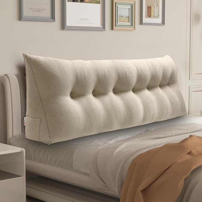 WOWMAX 80% Cotton & 20% Linen Blend Headboard Pillow – King Size Reading Wedge Backrest for Bed, Handmade Firm Support Bolster Cushion with Removable Cover, Premium Bed Rest Pillow, Natural Color