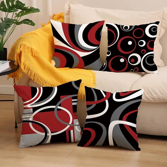 Red and Black Throw Pillow Covers 20x20 Set of 4,Grey Modern Abstract Pillowcases,Gray Geometric Circle Pattern Decor for Sofa Couch Living Room Bedroom Home Outdoor