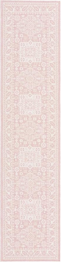 Rugs.com Outdoor Aztec Collection Rug – 12 Ft Runner Pink Flatweave Rug Perfect for Hallways, Entryways