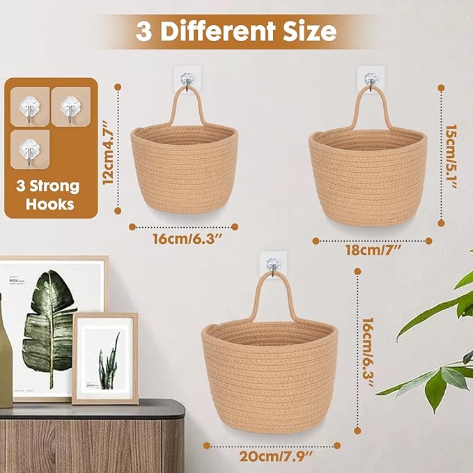 ShellKingdom Hanging Baskets, 3Pack Woven Wall Mounted Storage Basket with 3 Pcs Hooks, Boho Pouchs Bag Organizers for Home Office Living Room Bathroom Door Wall Decoration Caddy Bins (Jute)