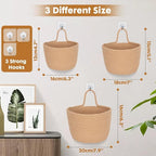 ShellKingdom Hanging Baskets, 3Pack Woven Wall Mounted Storage Basket with 3 Pcs Hooks, Boho Pouchs Bag Organizers for Home Office Living Room Bathroom Door Wall Decoration Caddy Bins (Jute)