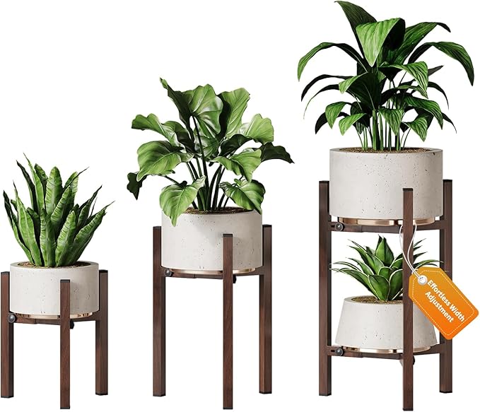 3 Pack Plant Stand Indoor Adjustable, Metal Modern Indoor Plant Stand, Heavy Duty Single Plant Stands Outdoor Corner, Stable Plant Holder Indoor Stand, Fits 8 to 12 Inches Pots, Walnut Wood-Grain