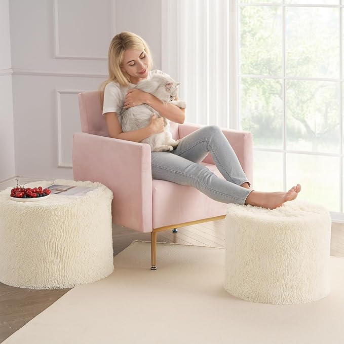 Hansleep Round Pouf Ottoman Foot Rest, 17 x 14 Small Faux Fur Stuffed Pouf for Chair, Foam Filled Foot Stools Ottomans for Living Room, Beige
