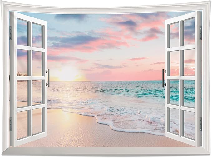 LB Ocean Tapestry Wall Hanging Sea Beach Sunset Wall Tapestry White Window Pink Sky Landscape Tapestries for Bedroom Living Room Dorm Home Wall Decor 60x40 Inches
