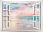 LB Ocean Tapestry Wall Hanging Sea Beach Sunset Wall Tapestry White Window Pink Sky Landscape Tapestries for Bedroom Living Room Dorm Home Wall Decor 60x40 Inches