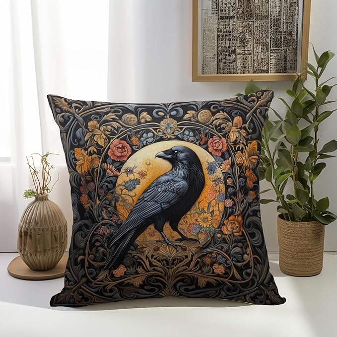 William Morris Abstract Vintage Floral Velvet Black Crow Design Throw Pillow Covers Home Decor, Retro Art Decor Pillowcase Cushion Cover for Bed Sofa Living Room, Square 18x18inch (Black-Crow)