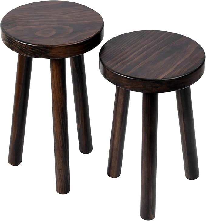 Wood Plant Stand Set of 2 (16+12" Tall) - Dark Walnut Round Solid Wood Plant Stand, Side Table, or Bathroom Stool - Heavy Duty Stool for Small Spaces