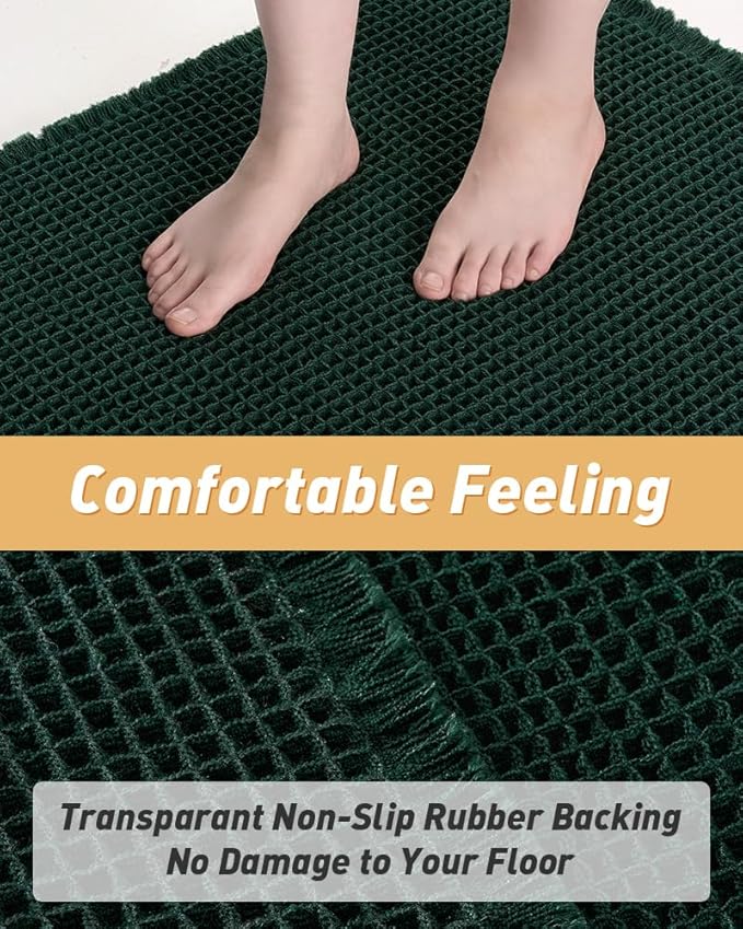 AMOAMI Upgraded Waffle Bath Mat, Super Absorbent Non Slip Bath Mats for Bathroom Floor, Machine Washable Bathroom Rugs with Tassels, Rubber Backed Bathroom Mats, Ultra Soft, 24" x 36", Dark Green